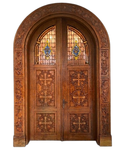Carved wooden church door, closed
