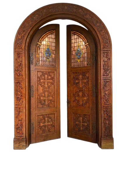 Carved wooden church door, open